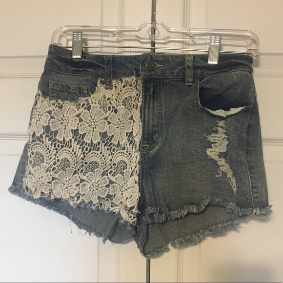High Waisted Denim Lace Shorts - Picture 2 of 4